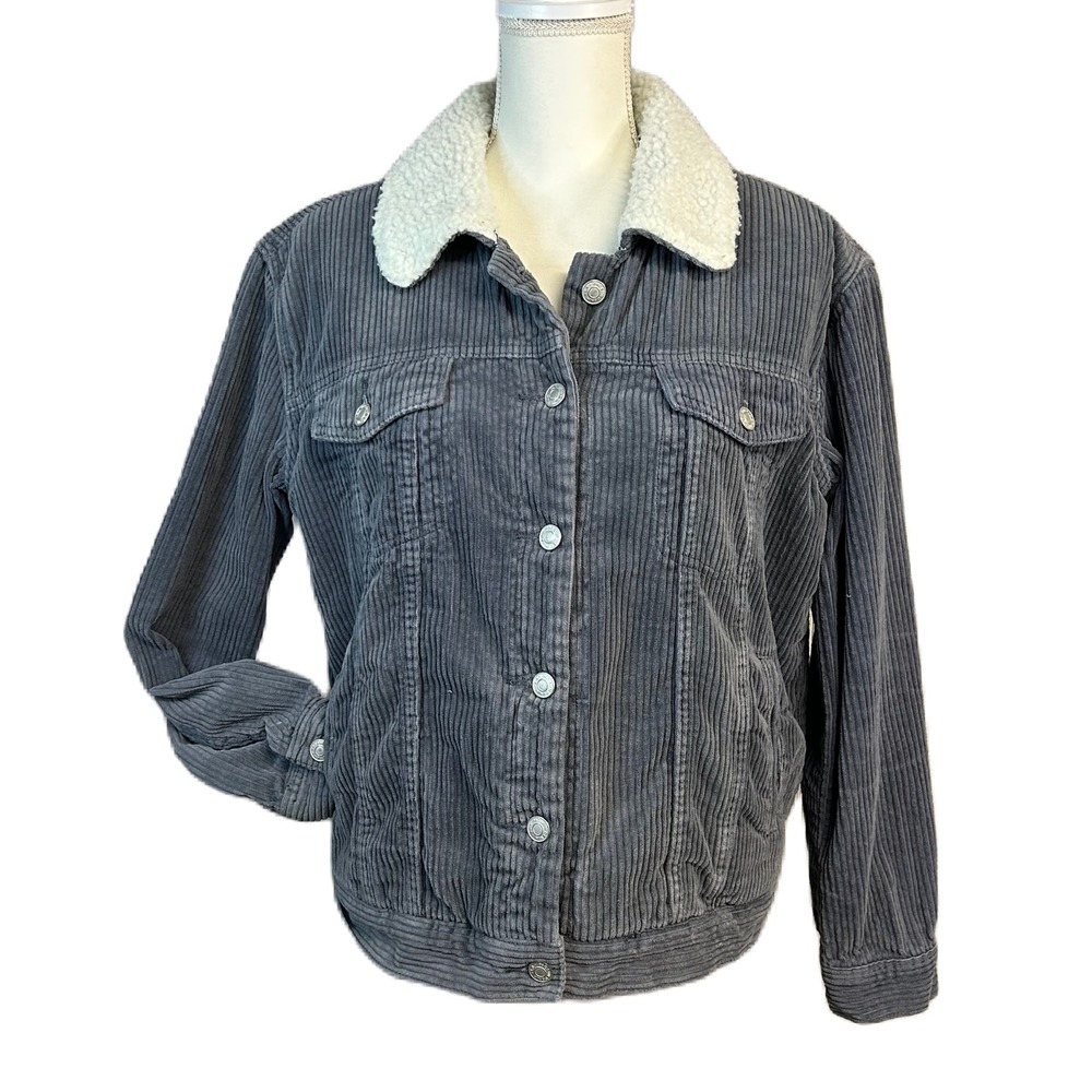 PacSun Womens Corduroy Trucker Jacket L Sherpa Lined Gray